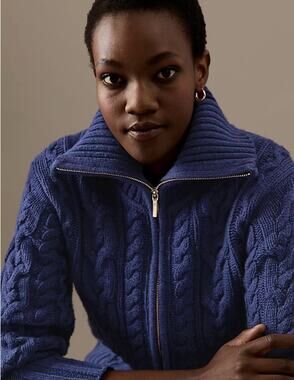Marks And Spencer Autograph Wool Cable Knit Cardigan Sweater Womens 14 Navy Blue